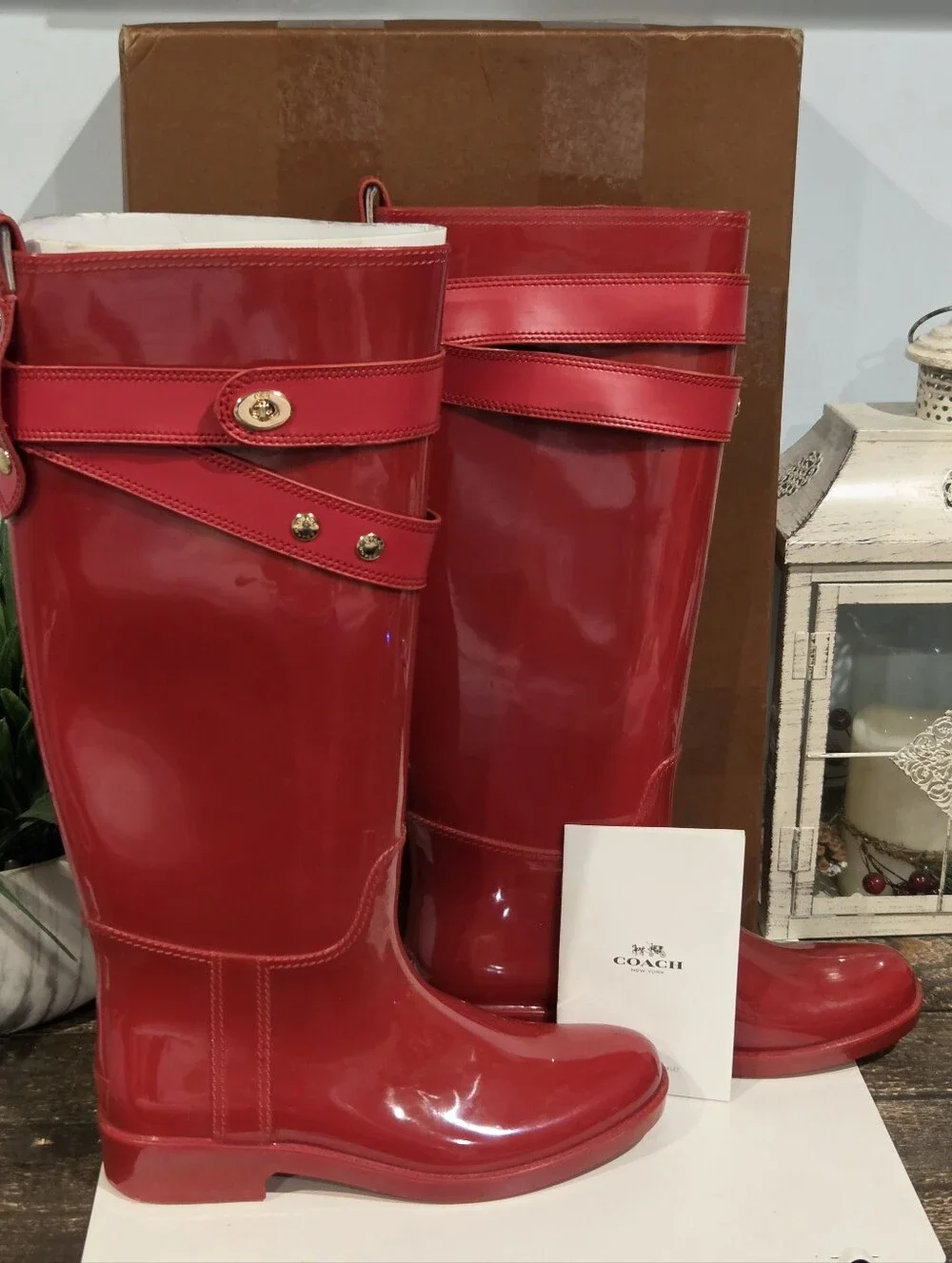Coach Talia True Red Rain Boots with Gold Hardware